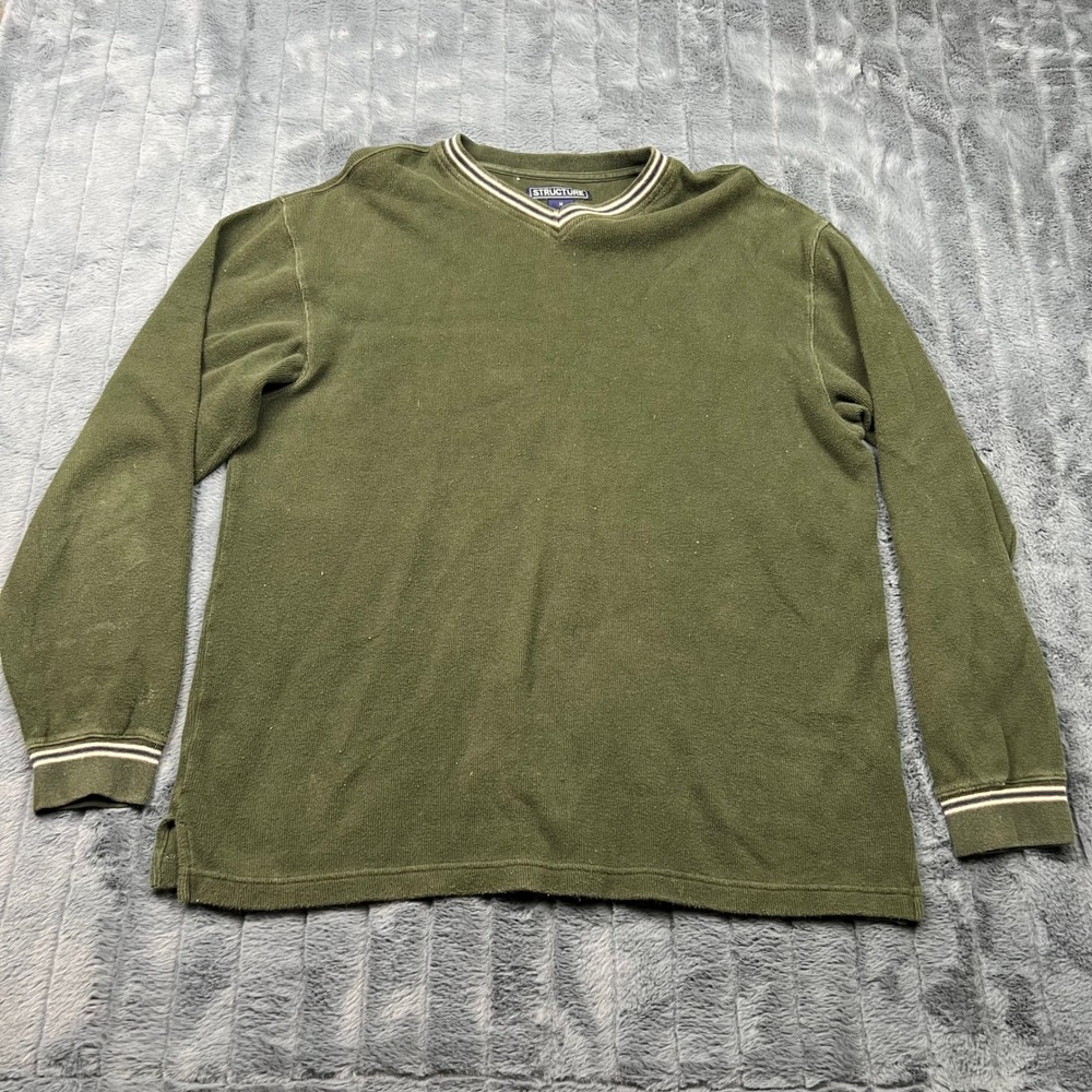 Structure Mens Vintage Ribbed Cotton V-Neck Pullover Olive Green Size M